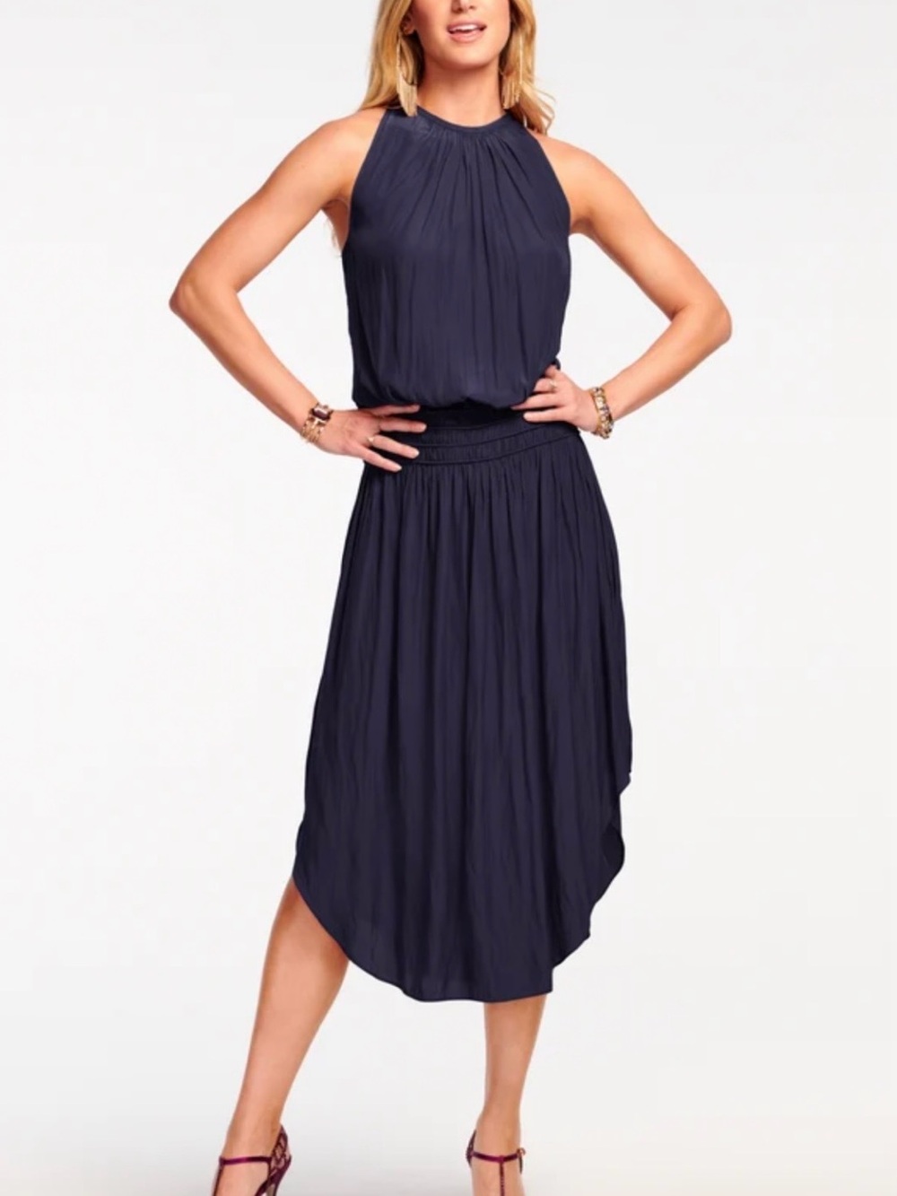 Modern Citizen Navy Blue High-Low Halter Midi Dress Smocked Waist Large Flowy